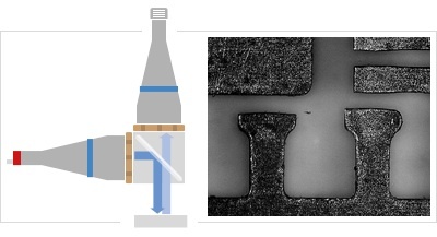 A coaxial setup with TC lens and LTCLHP illuminator imaging a steel surface through a CMBS beam splitter