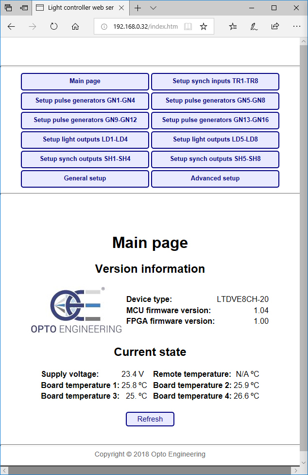 Main page of LTDVE configuration software via browser