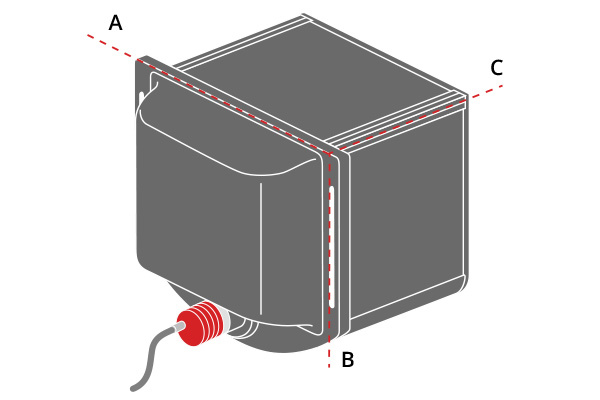 A, B an C indicate the mechanical dimensions of the illuminator.