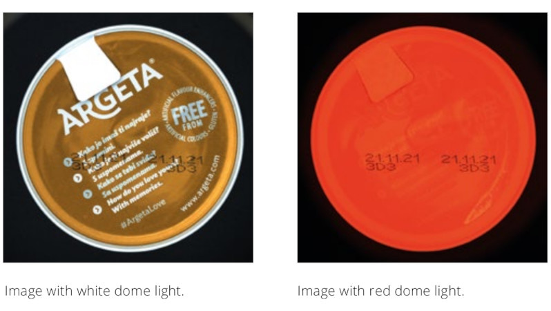 High speed OCR on food cans with LTDM strobe LED dome light and fixed focal lens. The red wavelength works well on orange/yellow cans and increases the contrast of the expiration date with respect to the can background so that the image can be easily processed by machine vision algorithms.