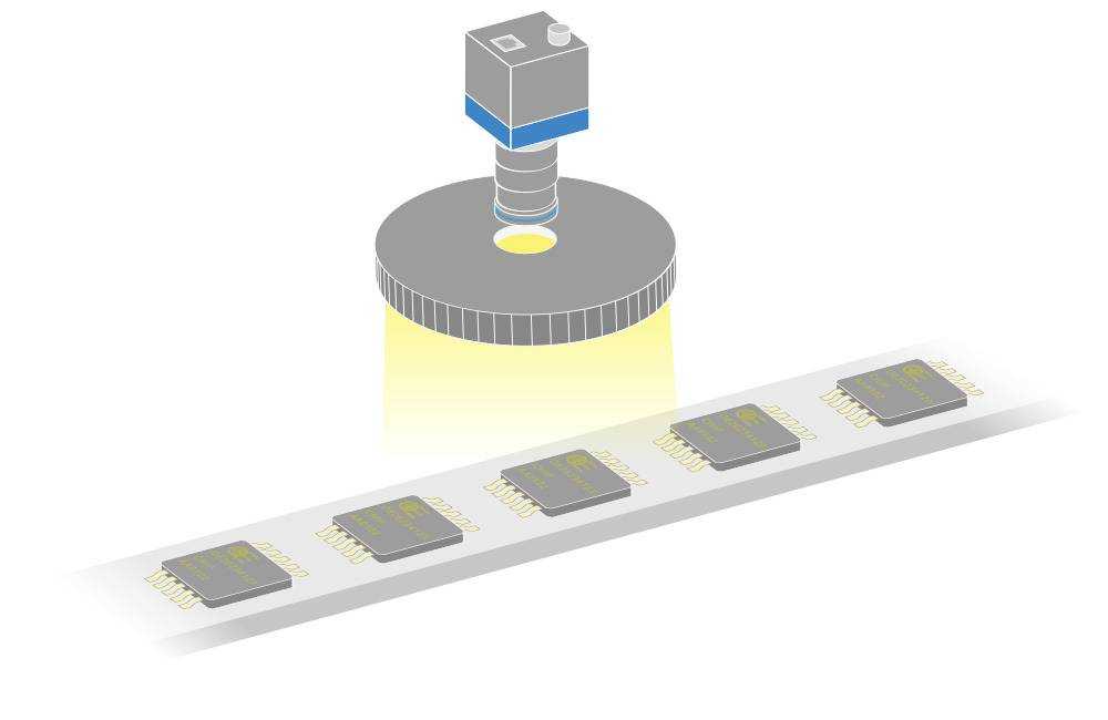 Anwendung: OCR von IC-Chip. Teil: Integrierte Schaltung. Das Ringlicht der Serie LTRNAD bietet eine gleichmäßige Ausleuchtung für die Inspektion elektronischer Teile und die Erkennung von Oberflächenfehlern.
