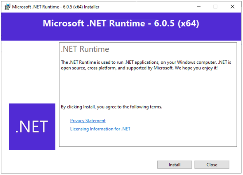 NET runtime installation window