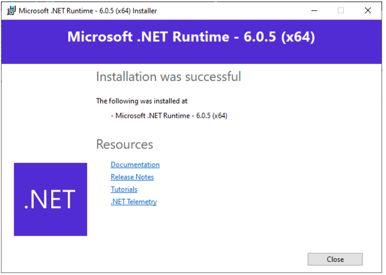 .NET runtime successful installation window